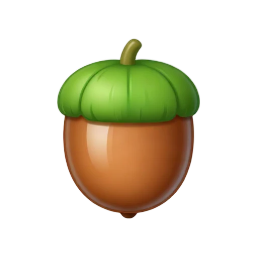 One glossy brown acorn with textured green cap, clean front three-quarter view, no ground, shadow, or scenery.
