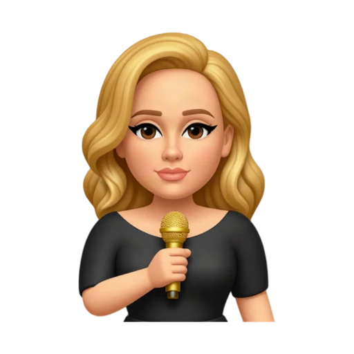 Adele holding one small gold microphone at her chest, wearing a black dress with a simple neckline