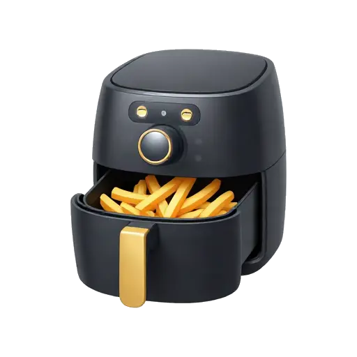 Black air fryer with open basket containing french fries