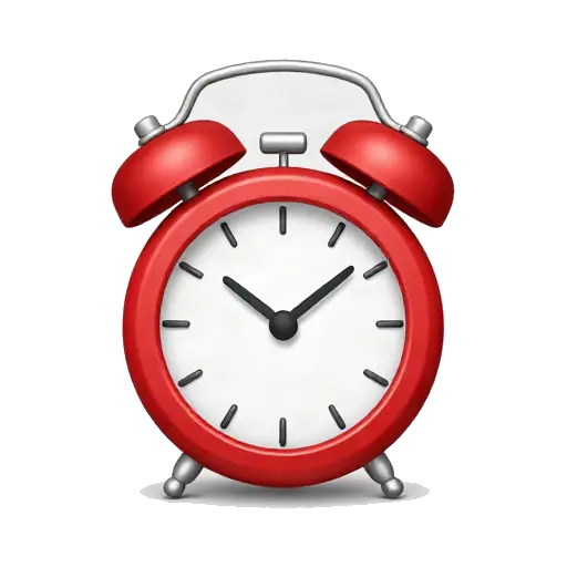 One classic red twin-bell alarm clock facing forward, white clock face, black hands, two bells, and small feet, no background.