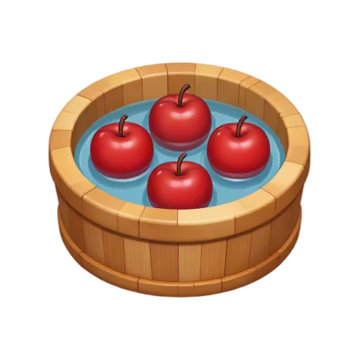 Apple bobbing tub with three red apples floating in water