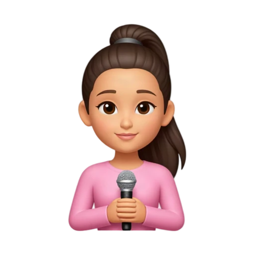 Ariana Grande holding one small silver microphone at her chest, wearing a fitted pink top