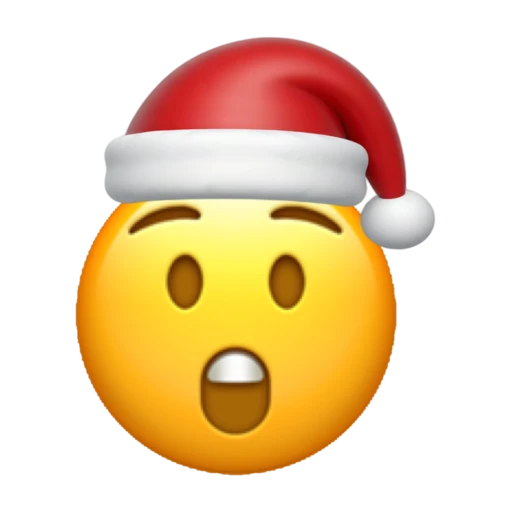 Astonished emoji face wearing a red Santa hat on a transparent background.