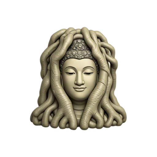 stone Buddha face and tree roots wrapped around it, depicting Ayutthaya Buddha in Tree Roots.