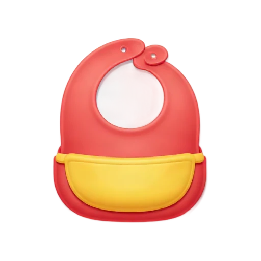Baby bib with curved neck opening, snap closure, and broad front pocket