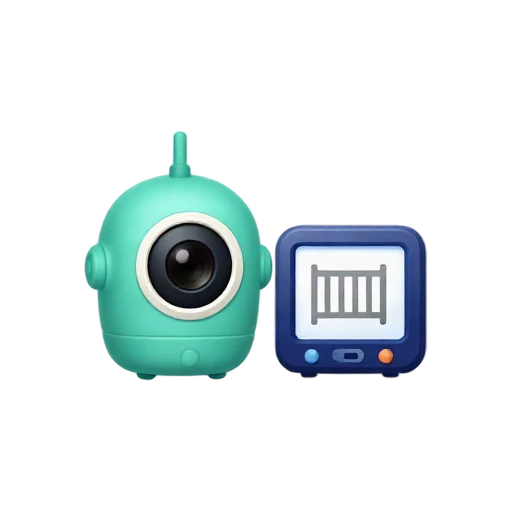 Baby monitor camera with round lens beside handheld viewing screen