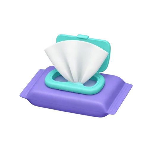 Baby wipes pack with flip-top lid and one wipe pulled out