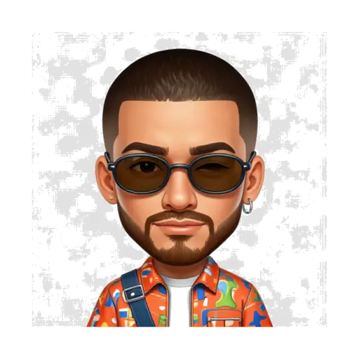 Bad Bunny caricature lowering amber sunglasses and winking