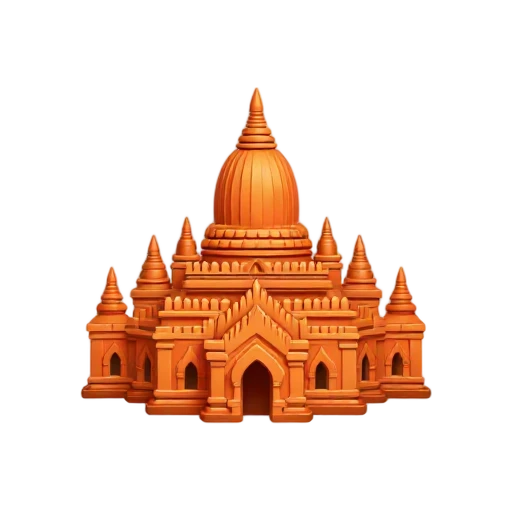 Bagan Temples: brick temple cluster and pointed tiered roofs.