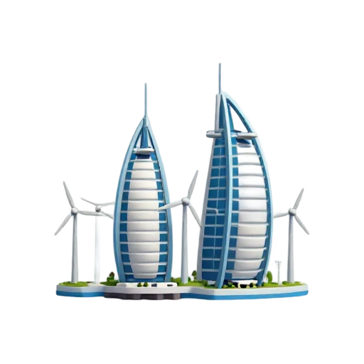 sail-shaped twin towers and wind turbines between the towers, depicting Bahrain World Trade Center.