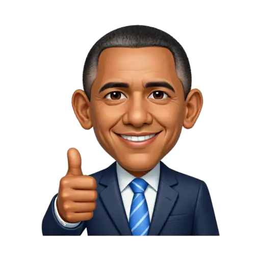 Barack Obama smiling in a navy suit and giving a thumbs up