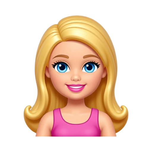 Barbie doll portrait with long blonde hair, blue eyes, pink lipstick, and bright pink top