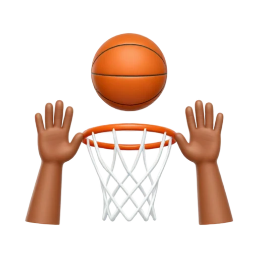 Two hands reaching for basketball above hoop