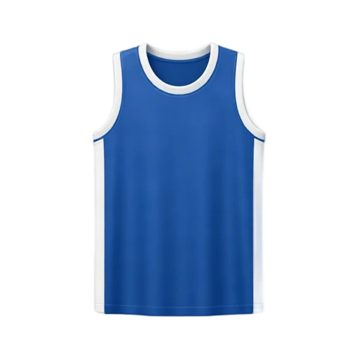 Blue sleeveless basketball jersey with white trim
