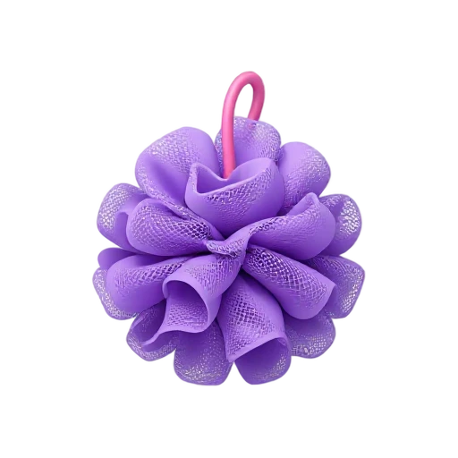 Round mesh loofah with layered ruffles and hanging loop
