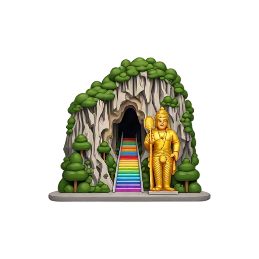 tall golden standing statue and colorful staircase climbing limestone cliff, depicting Batu Caves.