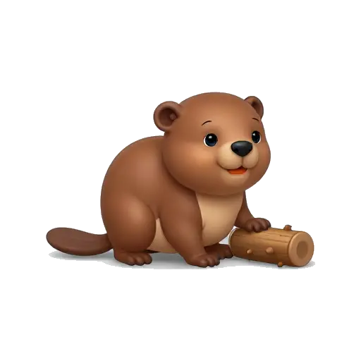 One brown beaver standing beside a small log, with flat paddle tail, orange teeth, rounded body, and clear paws, no background.