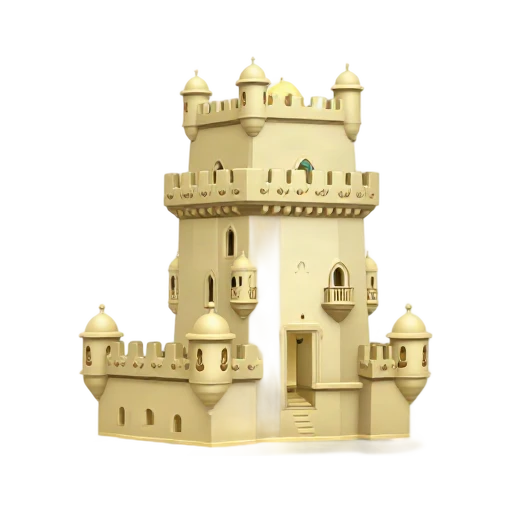 pale riverside fortress tower and small domed turrets, depicting Belém Tower.