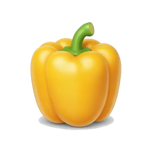 One glossy yellow bell pepper, squat lobed shape, short green stem, no slices and no background.