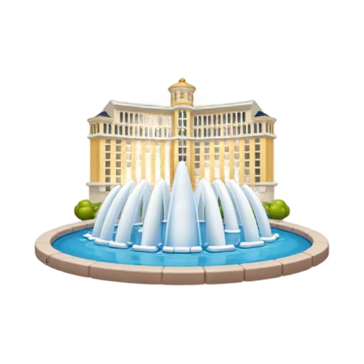 coordinated white water jets and shallow blue pool, depicting Bellagio Fountains.