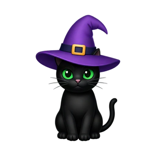 Black cat with green eyes wearing a purple witch hat