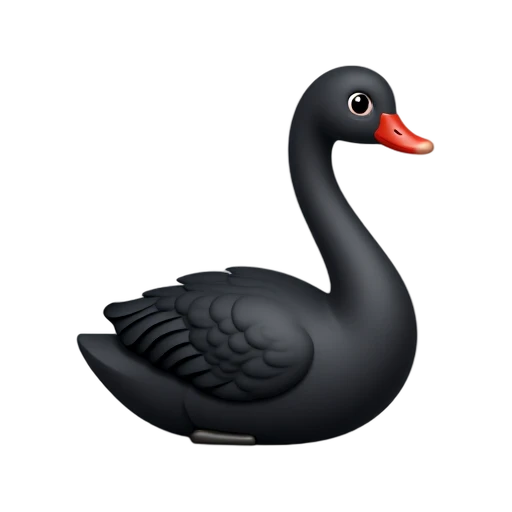 Black swan with curved long neck, curled black wing feathers, and red bill