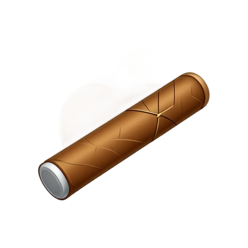 One short cannabis blunt with a brown tobacco-leaf wrapper, a visible diagonal rolled seam and a small glowing ember at one tip with a light gray ash cap