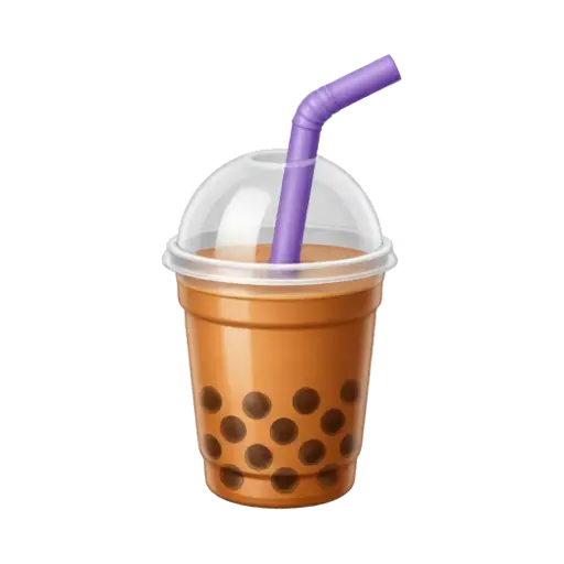 Boba milk tea cup with tapioca pearls and purple straw