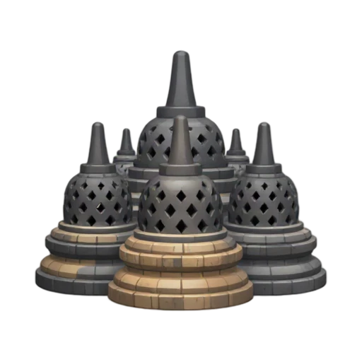 stepped stone temple terraces and bell-shaped stupas, depicting Borobudur.