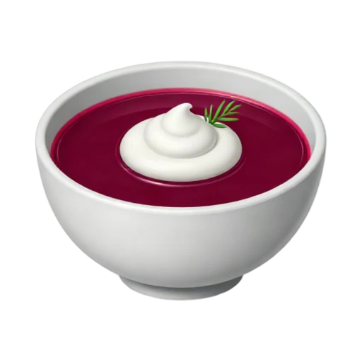 Bowl of deep red borscht soup with white sour cream swirl