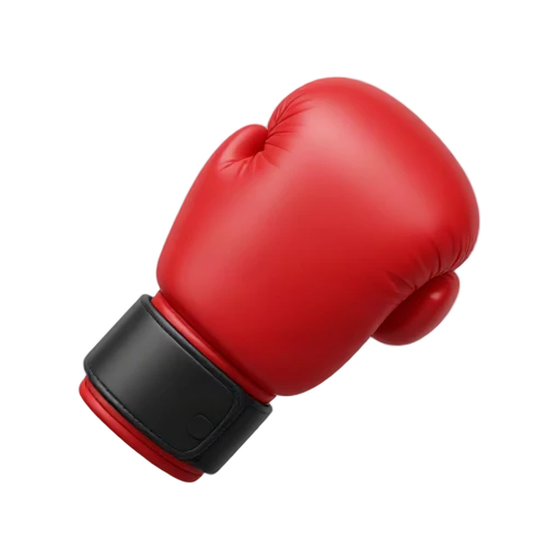 One padded red boxing glove angled upward with a black wrist cuff, thumb clearly separated, smooth leather highlights, no arm, ring, shadow, or scenery.