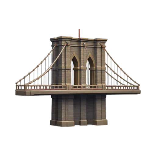 stone Gothic towers and diagonal suspension cables, depicting Brooklyn Bridge.
