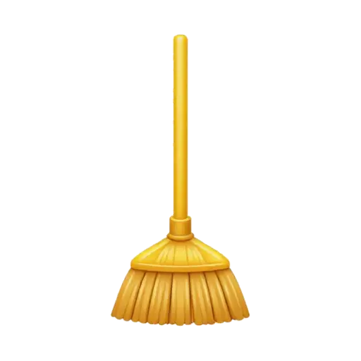 One upright broom with a smooth yellow handle and neat golden straw bristles tied in a straight fan, no dustpan or background.