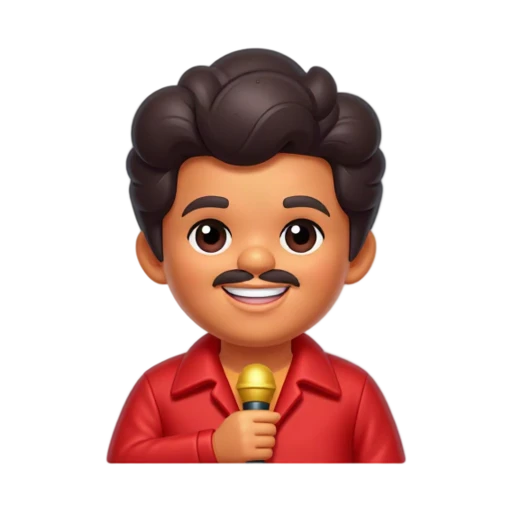 Bruno Mars holding one small gold microphone at his chest, wearing a red open-collar shirt