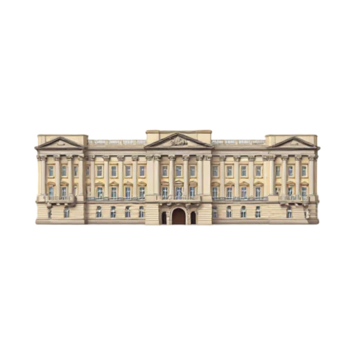 wide pale stone palace and central balcony, depicting Buckingham Palace.
