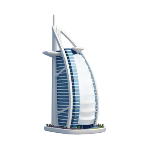 white sail-shaped tower and projecting helipad, depicting Burj Al Arab.