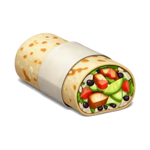 Chipotle-style burrito cut open with rice black beans chicken and guacamole