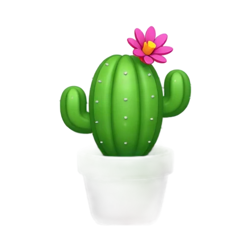 One round green cactus in a small terracotta pot, two tiny side arms, short white spines, and one bright pink flower on top, no desert, table, shadow, or scenery.