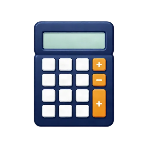 One compact navy-blue calculator facing forward, pale display with no readable numbers, large white and orange buttons in a neat grid, no desk, hand, shadow, or scenery.
