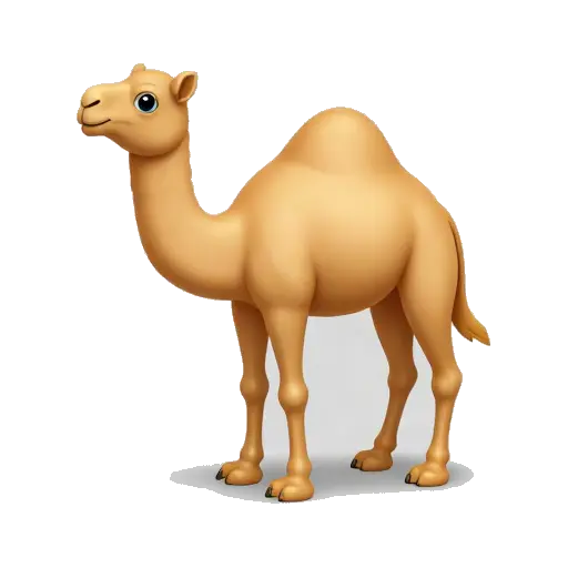 One sandy camel standing in three-quarter view with two humps, long neck, gentle face, and four legs, no background.