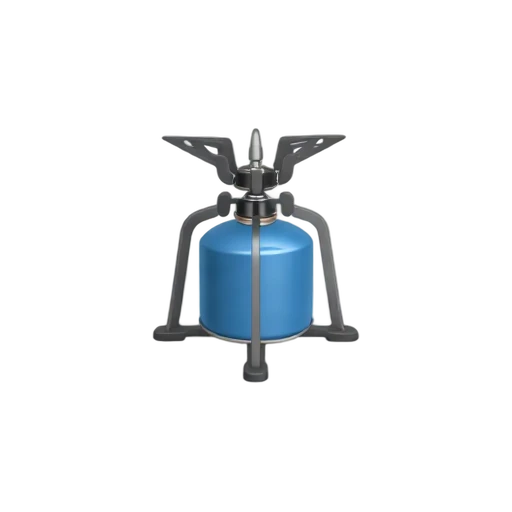 Camping Stove with small blue fuel canister and silver burner head