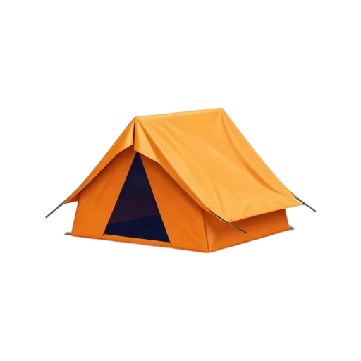 One compact orange camping tent with a triangular front opening, two visible support poles, dark navy doorway, and small tied flap, no ground, campfire, shadow, or scenery.