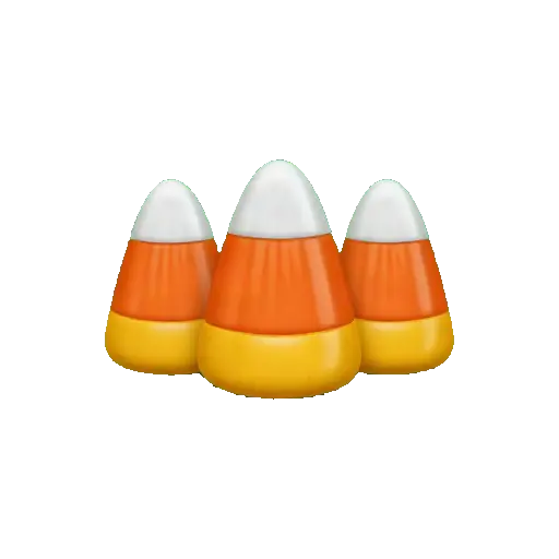 Three pieces of classic candy corn, each with crisp yellow base, orange center, and white pointed tip.