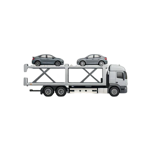 Car Carrier with two-level open vehicle trailer and two small parked cars on decks