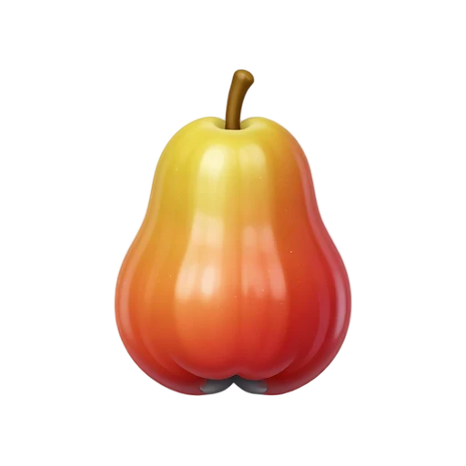 Red and yellow cashew apple with attached gray cashew nut