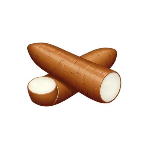 Cassava root with rough brown bark and white cut interior