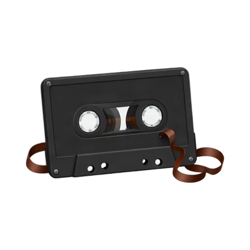 Black cassette with brown magnetic tape unspooling in curls