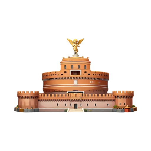 round cylindrical fortress and small angel statue on top, depicting Castel Sant'Angelo.