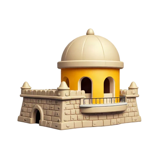 coastal stone fortress and small domed sentry box, depicting Castillo San Felipe del Morro.
