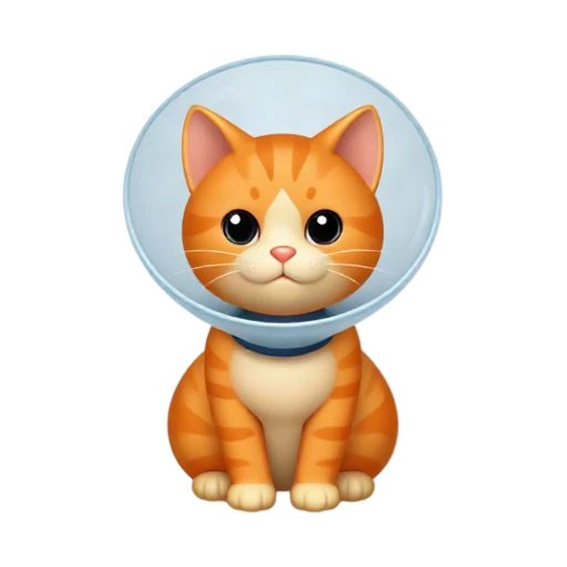 Calm orange cat wearing a clear plastic Elizabethan recovery cone